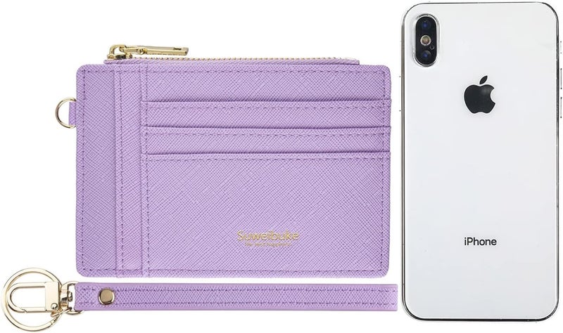 Wikavanli Women Slim Rfid Blocking Credit Card Case Holder Wristlet Zip ID Case Wallet Small Compact Leather Wallet Coin Purse with Keychain (Light Purple a) - Image 3